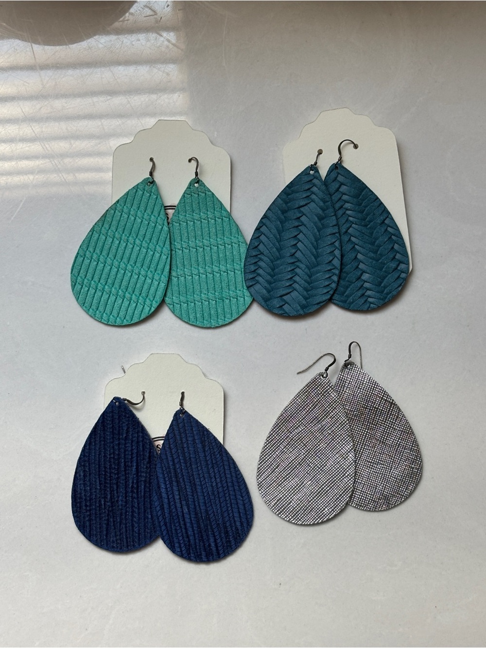 Handcrafted Teardrop Leather Earrings - Teal, Teal-Blue, Navy, Silver